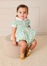 Louisa Floral Hand Smocked Short Sleeve Romper in Blue (3mths-2yrs)