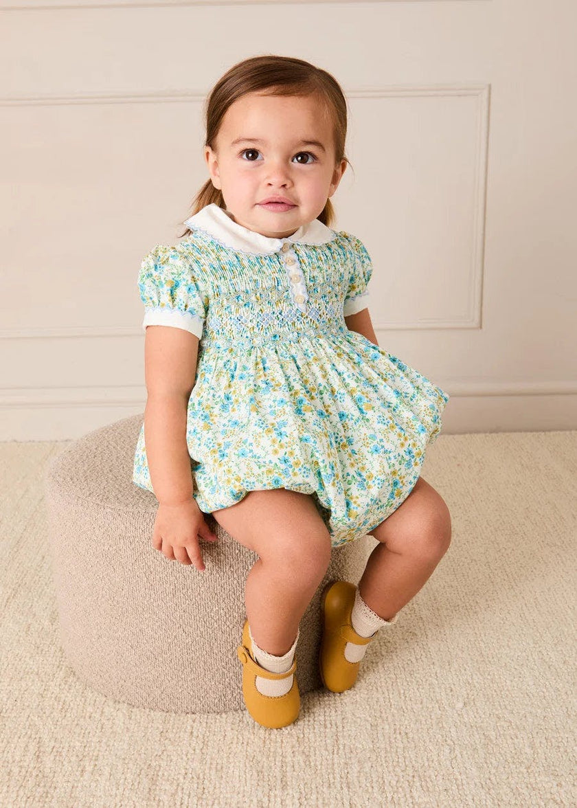 Louisa Floral Hand Smocked Short Sleeve Romper in Blue (3mths-2yrs)