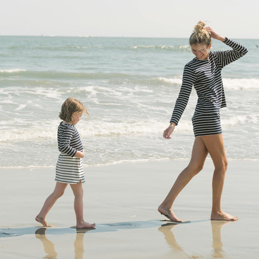 girls cream and navy stripe skirt with shorts