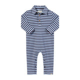 Snuggle Blue/Navy stripe cosy fabric Polo Romper