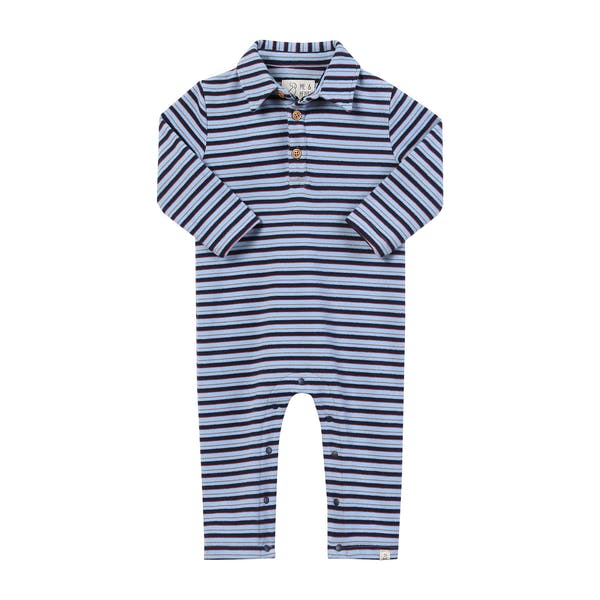Snuggle Blue/Navy stripe cosy fabric Polo Romper