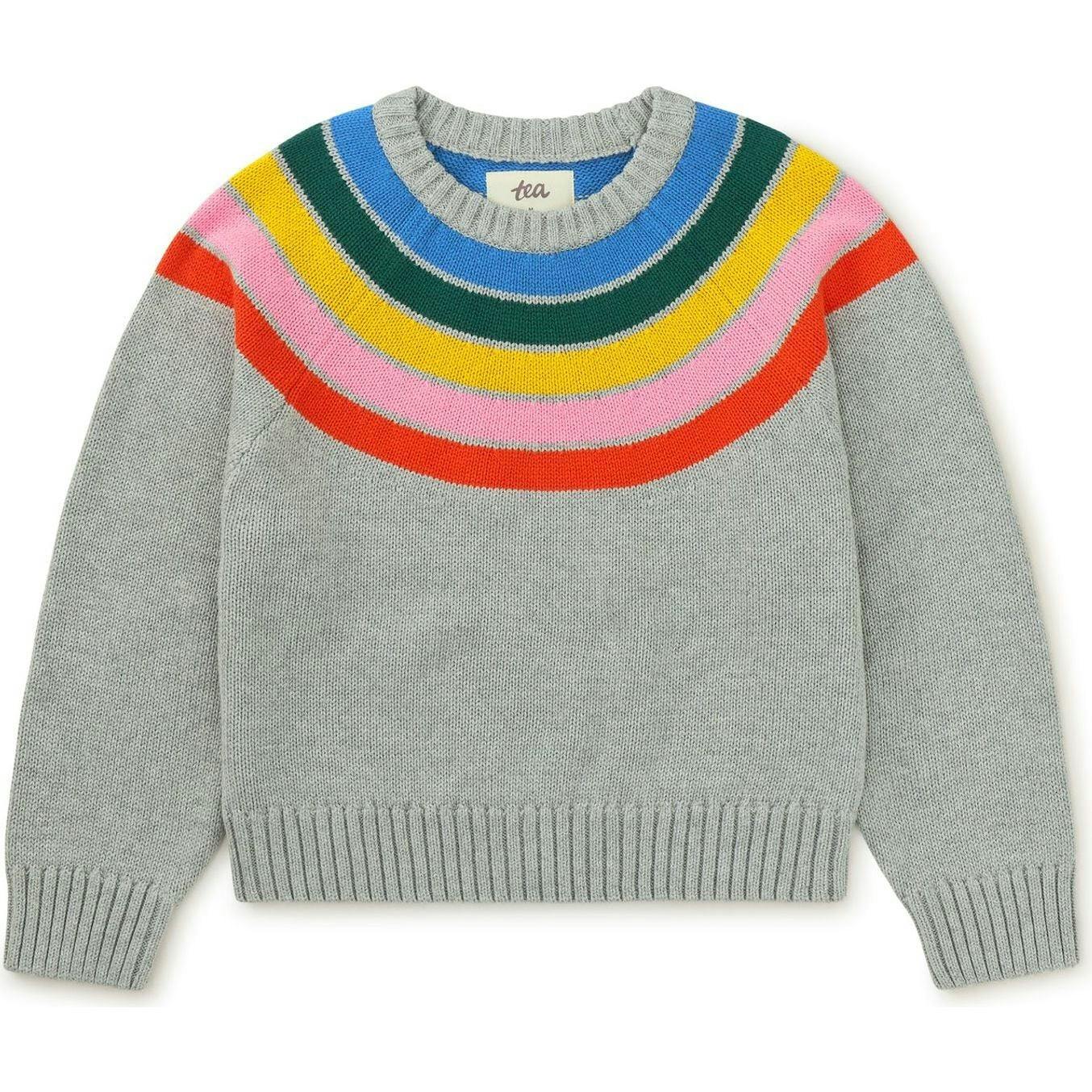 Rainbow Graphic Print Crew Neck Long Sleeve Sweater, Grey