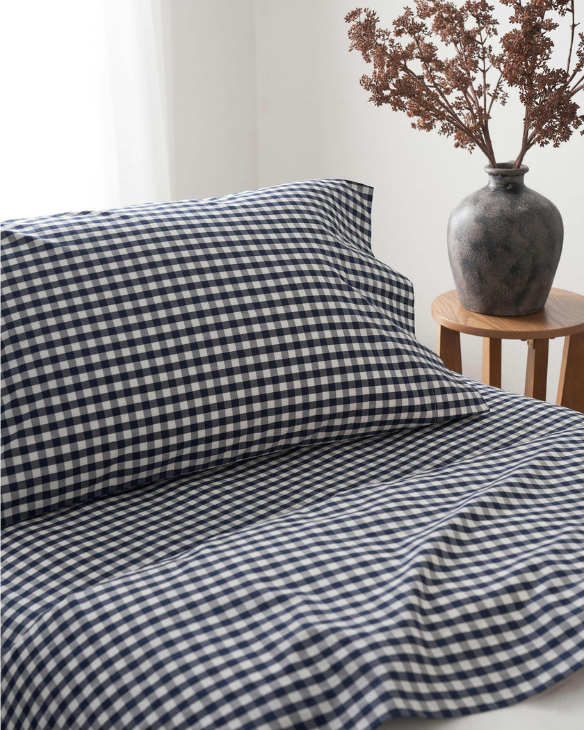 Luxe Premium Cotton Navy Gingham Bed Sheets