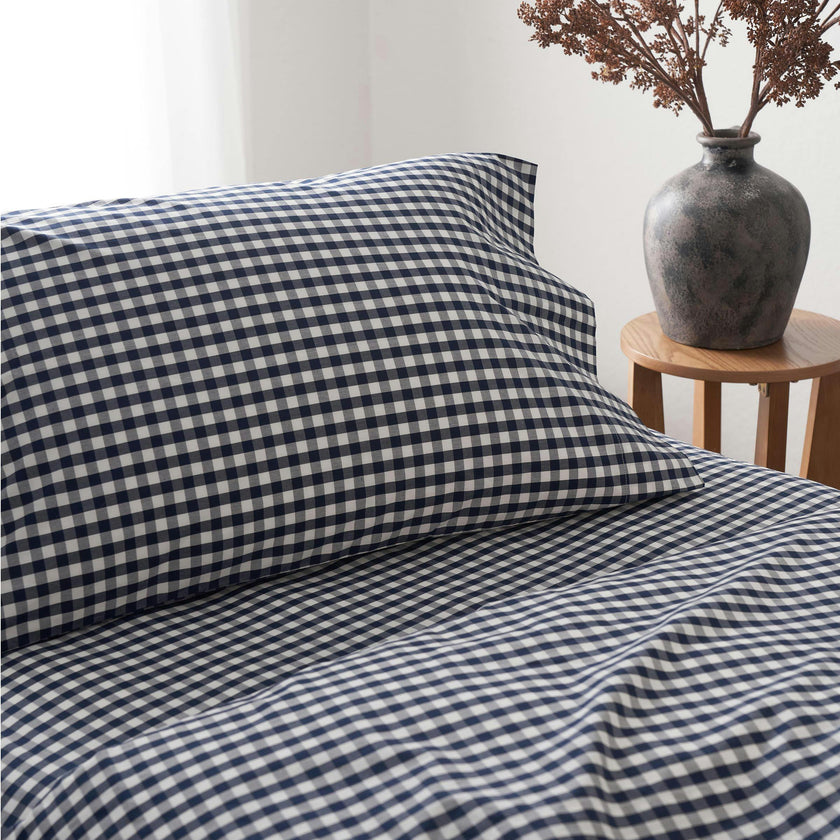 Luxe Premium Percale Bed Sheets in Navy Gingham