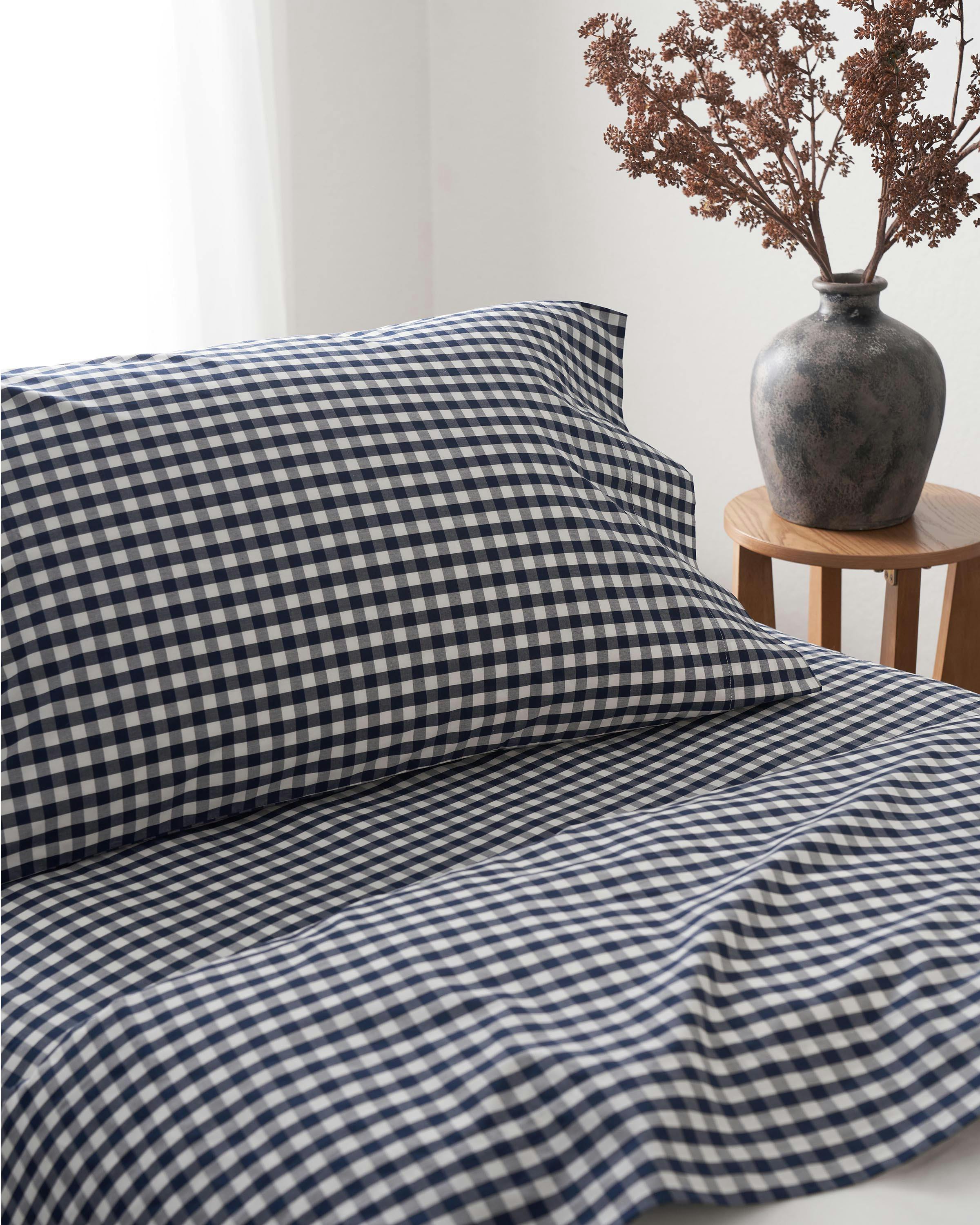 Luxe Premium Percale Bed Sheets in Navy Gingham