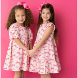 Pink Bows Contrast Piping Puff Sleeve Back Button Side Pocket Dress
