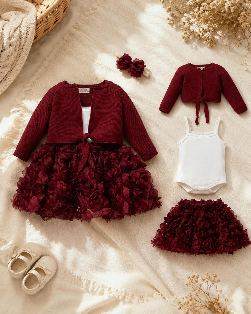 Baby Girl Cotton Outfit Set – Floral Skirt, Knit Bolero, Bodysuit & Matching Headband