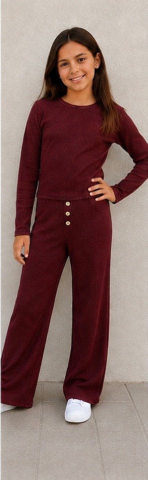Girls Waffle Long Sleeve Top And Flare Pants Set