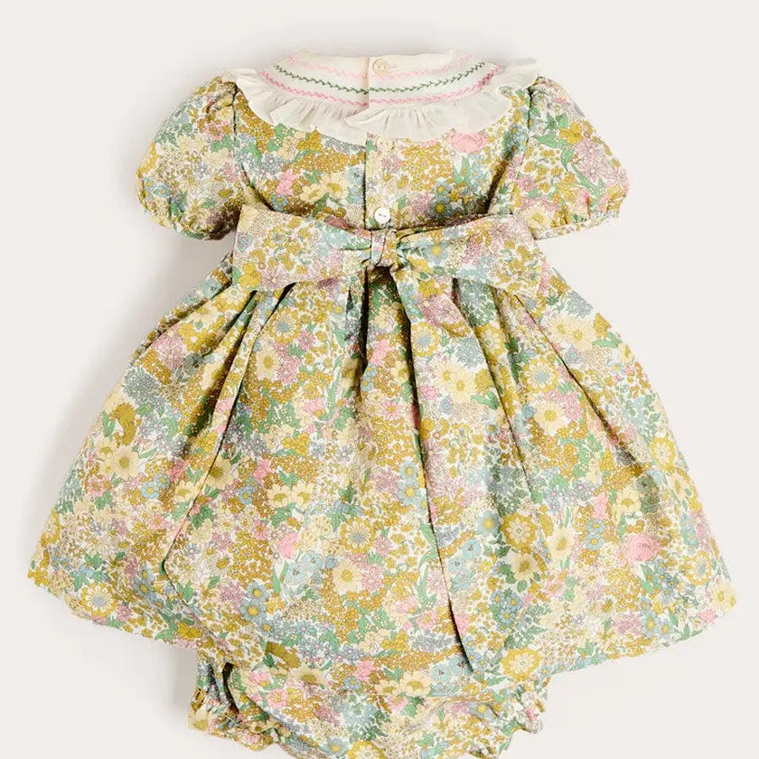 Charlotte Floral Hand Smocked Embroidered Collar Short Sleeve Dress With Bloomers in Green (6mths-3yrs)