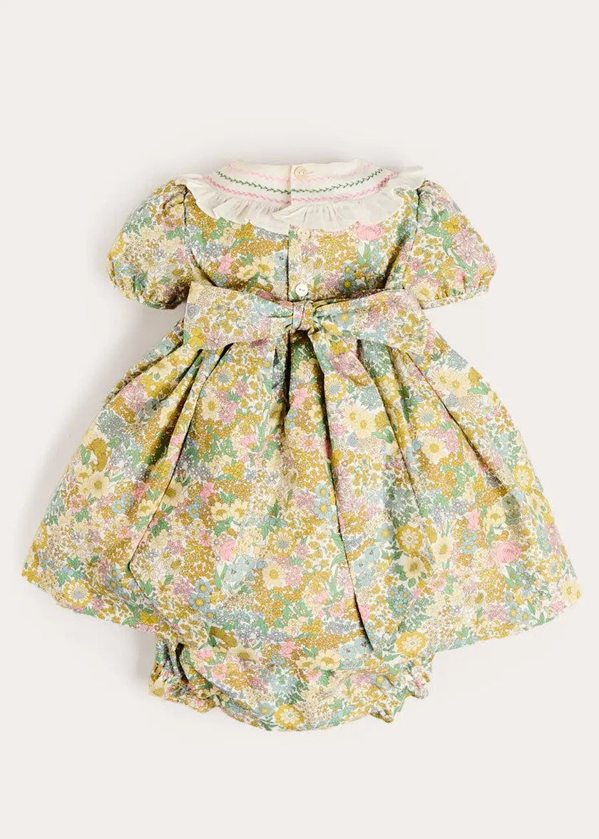 Charlotte Floral Hand Smocked Embroidered Collar Short Sleeve Dress With Bloomers in Green (6mths-3yrs)