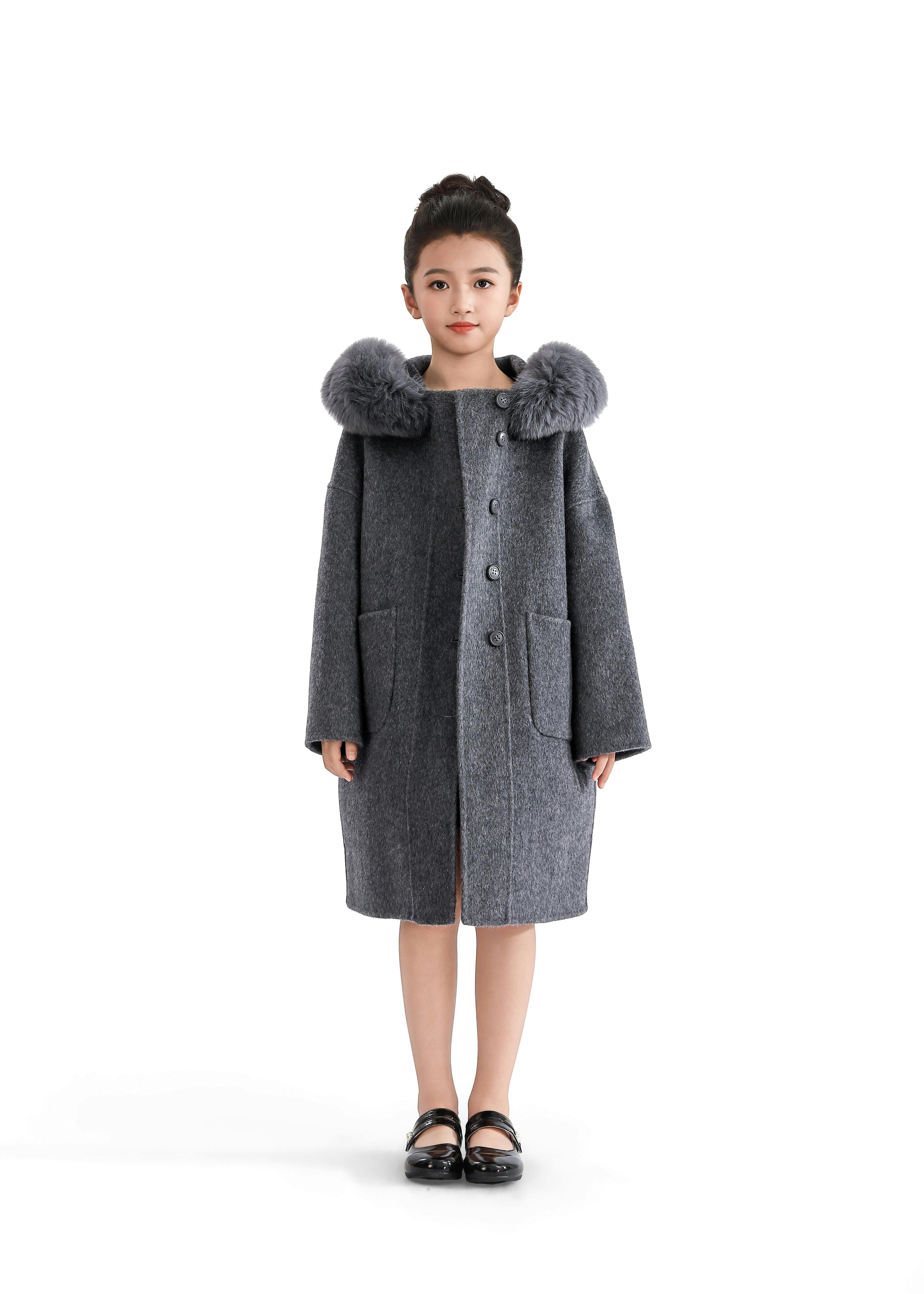 Gray Wool Coat with Faux Fur Hood