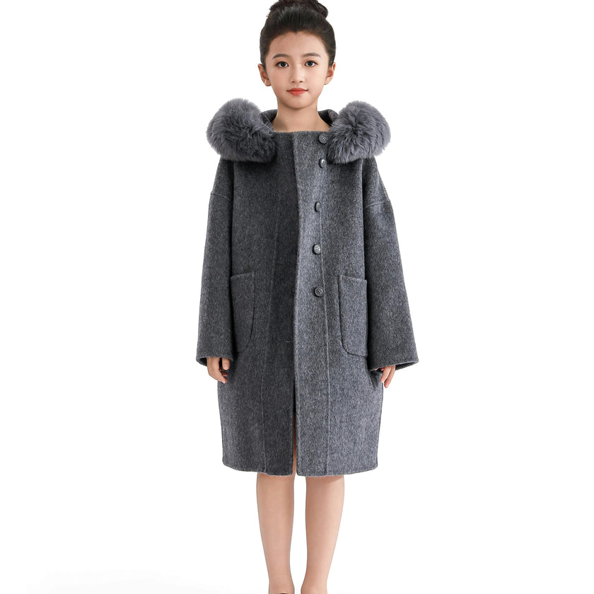 Gray Wool Coat with Faux Fur Hood