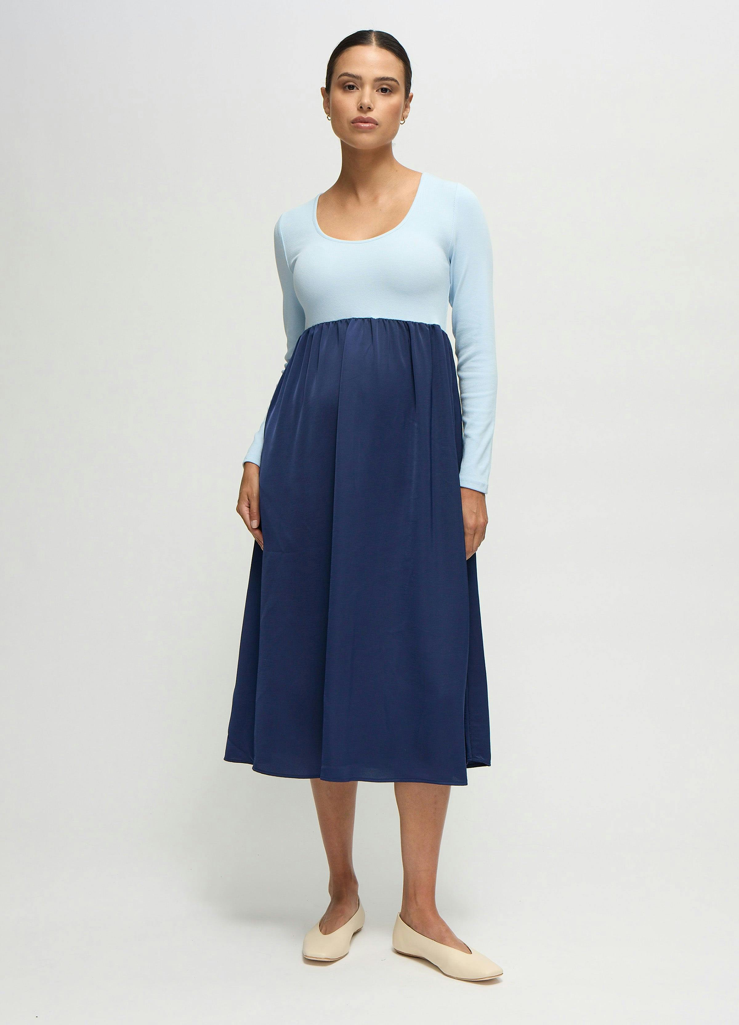 Long Sleeve Knit to Woven Maternity Nursing Midi Dress
