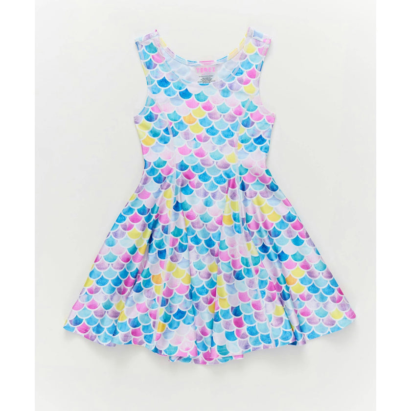 Girls Hi-Shine Skater Dress in Watercolor Mermaid