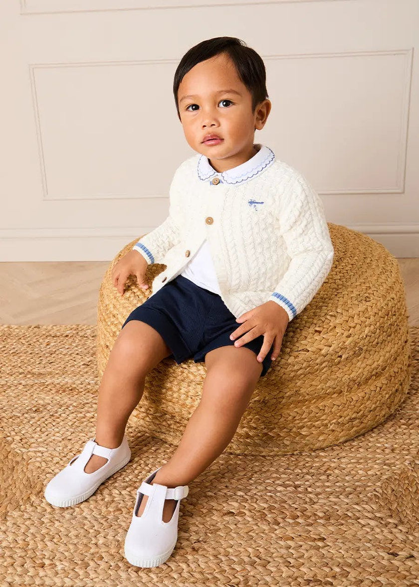 Plane Embroidered Cable Knit Cardigan in Cream (12mths-6yrs)