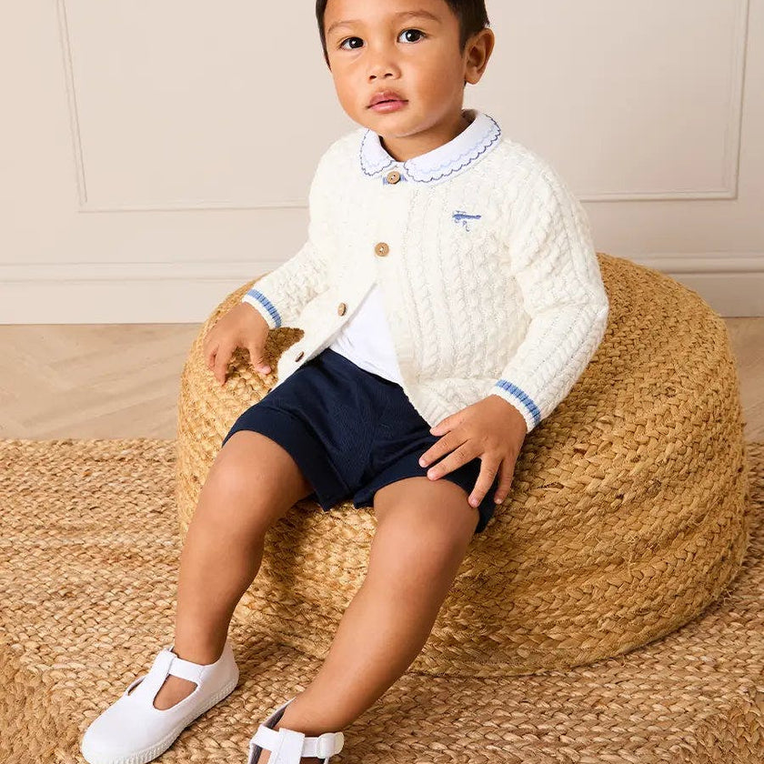 Plane Embroidered Cable Knit Cardigan in Cream (12mths-6yrs)