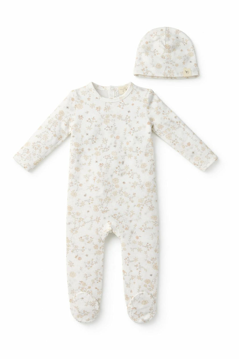 All Over Floral and Mushroom Print Onesie With Hat