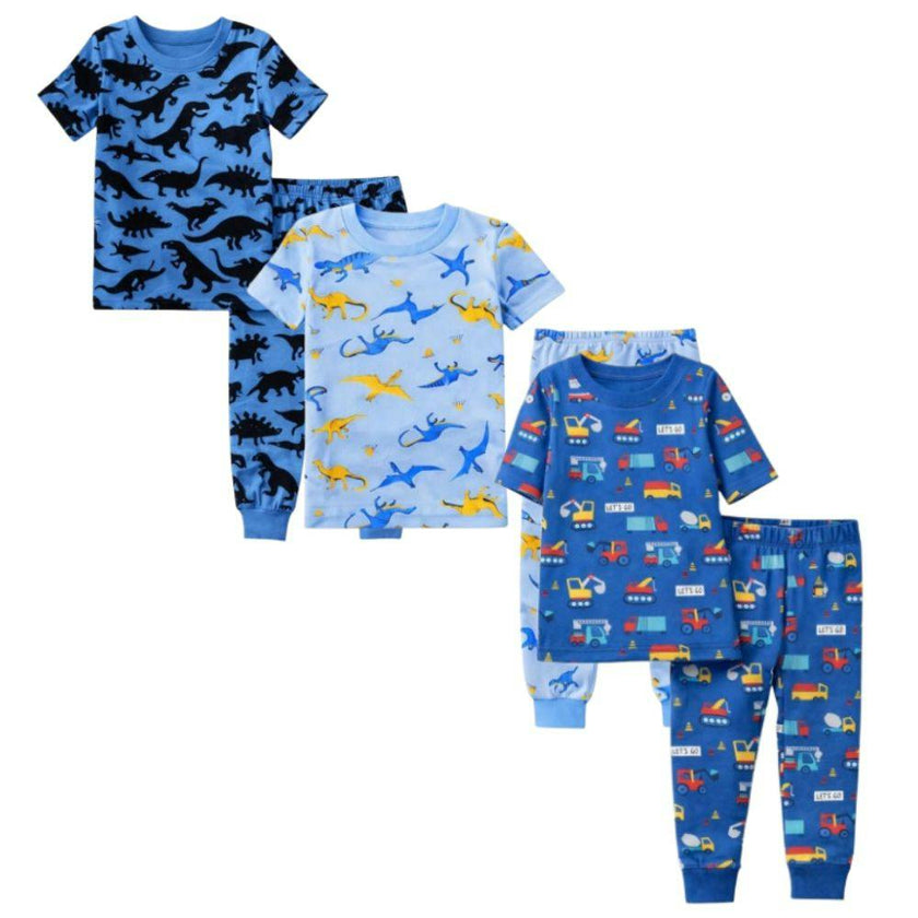 Kids and Toddlers 3 Pack Blue Dinosaurs/Cars/Dark Dinosaurs Shorts Sleeve Snug Fitted Pajamas