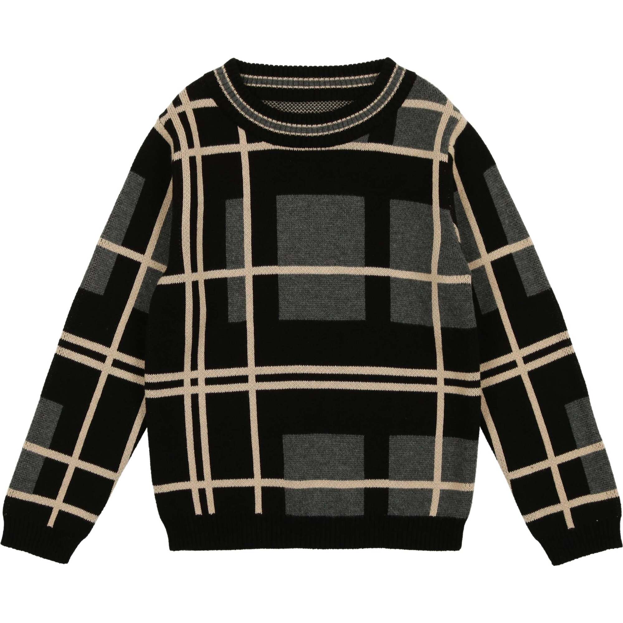Preppy Plaid Wide Round Neck Relaxed Fit Sweater, Black