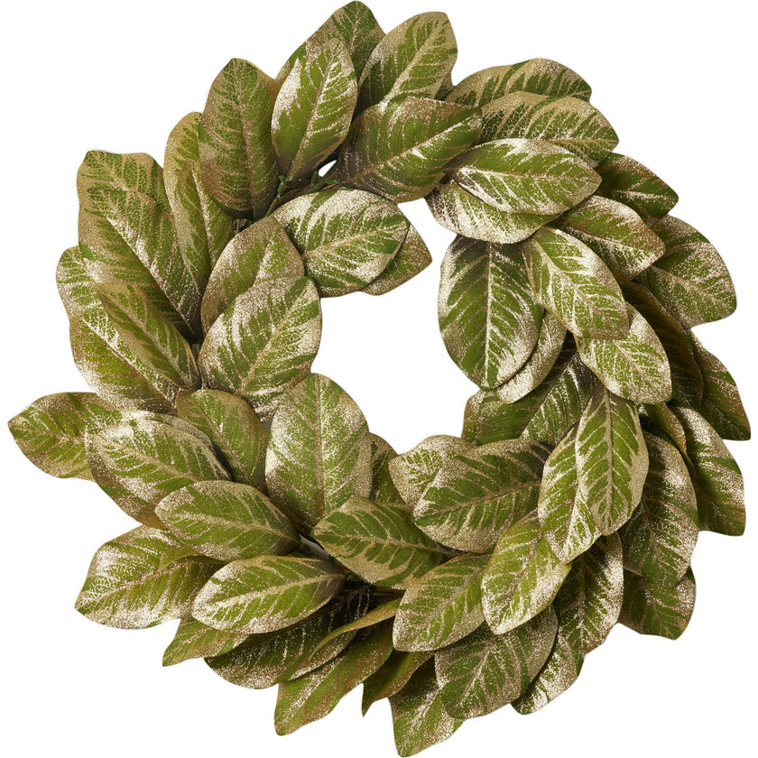 Green & Gold Metallic Magnolia Leaf Front Door Holiday Wreath Shimmering Christmas Mantel Decor