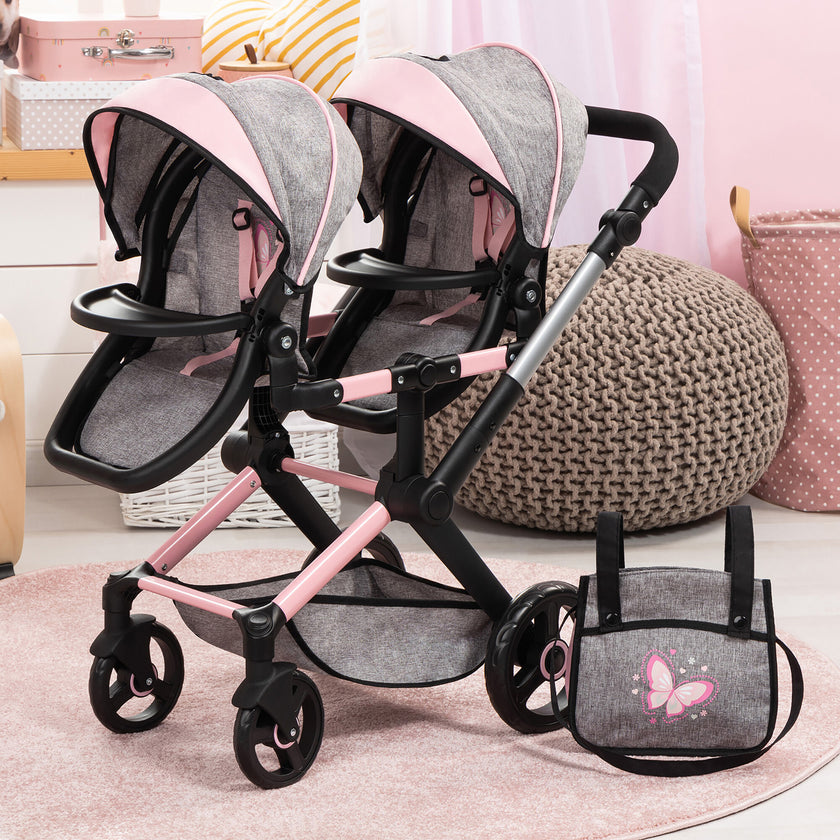 Bayer Design Dolls: Xeo Twin Pram - Grey & Pink