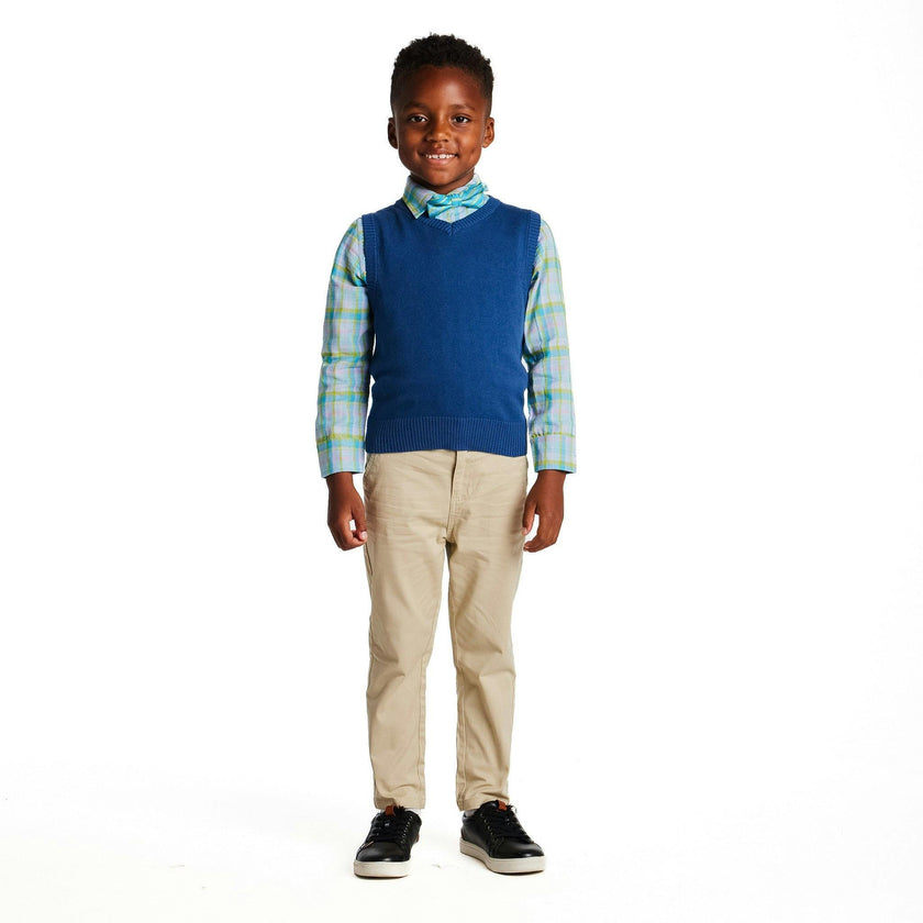 Boys 4-Piece Vest Set | Navy & Khaki Plaid