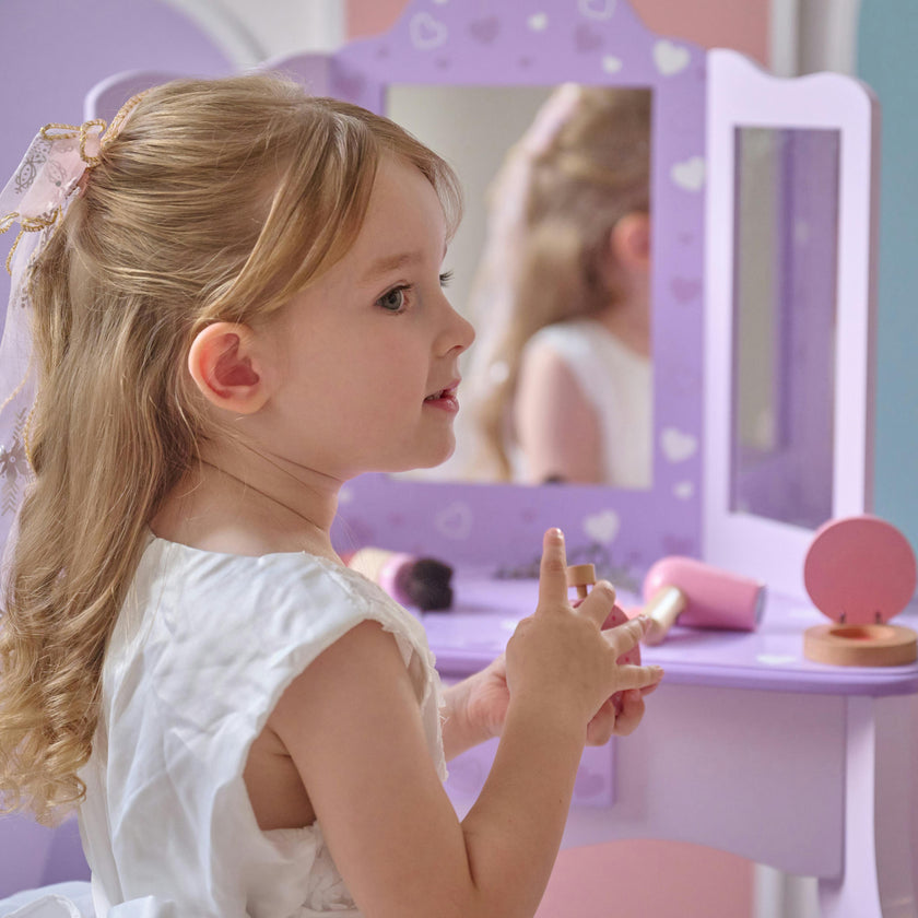Hearts Gisele Wood Vanity with Tri-Fold Mirror & Drawer, Purple