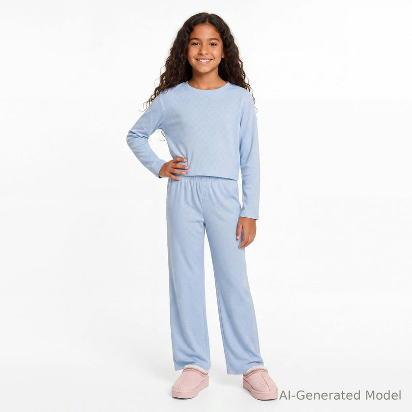 Tween (7-16) Girls Heart Pointelle Pajama Set | Light Blue