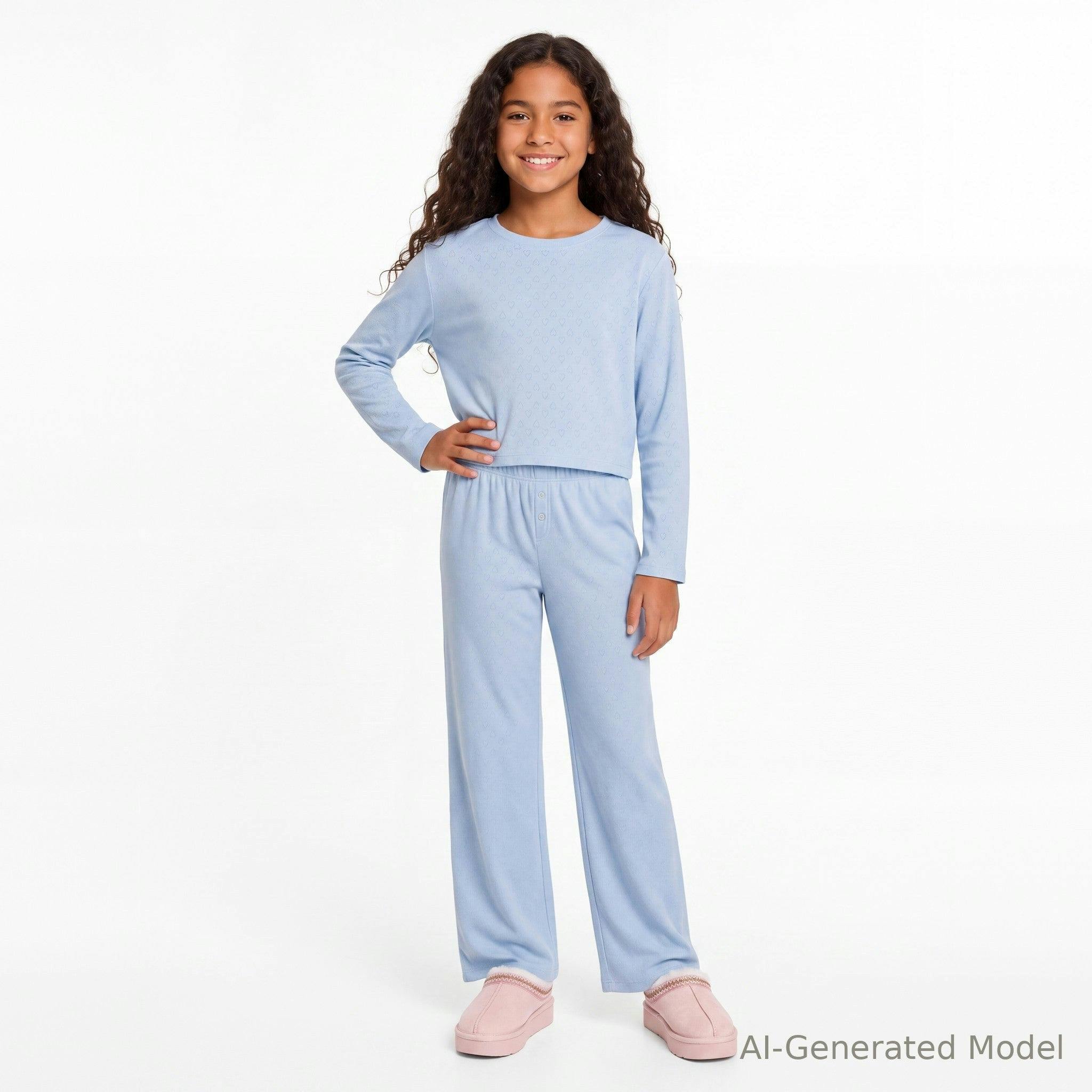 Tween (7-16) Girls Heart Pointelle Pajama Set | Light Blue