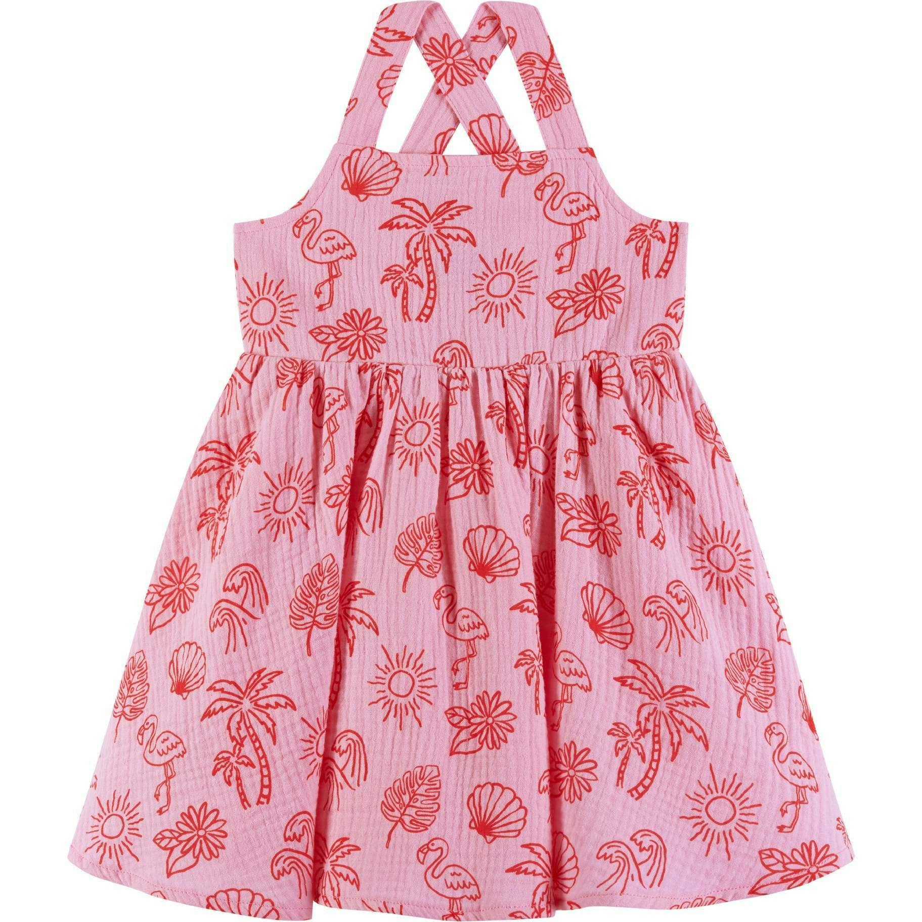 Kids Pink Tropical Icon Printed Gauze Dress