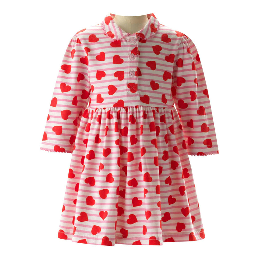 Babys Striped Heart Print Peter Pan Collar Jersey Dress