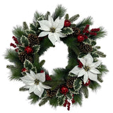 26" White Poinsettia, Pinecone & Berry Wreath Pre-Lit