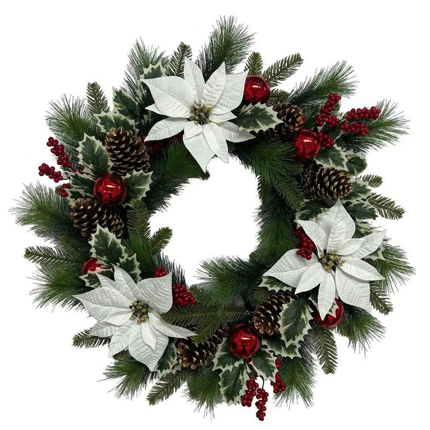 26" White Poinsettia, Pinecone & Berry Wreath Pre-Lit
