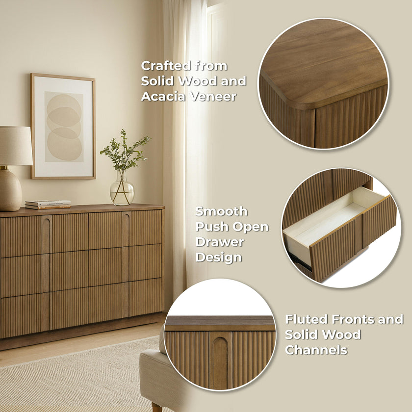 Potomac Push to Open Wooden 6 Drawer Dresser with Recessed Channel Accent Storage