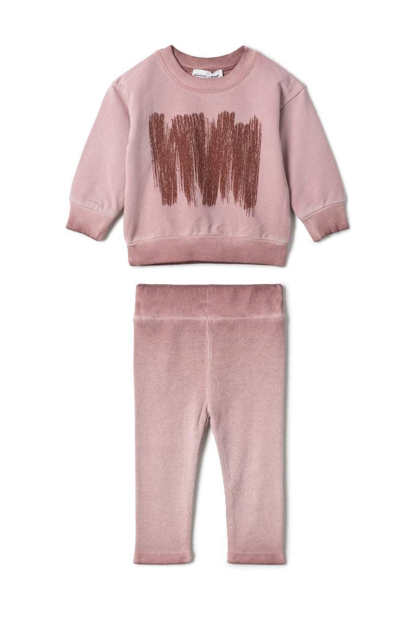 Painted Print Ribbed Elastic Waist Top and Pants Two Piece Set