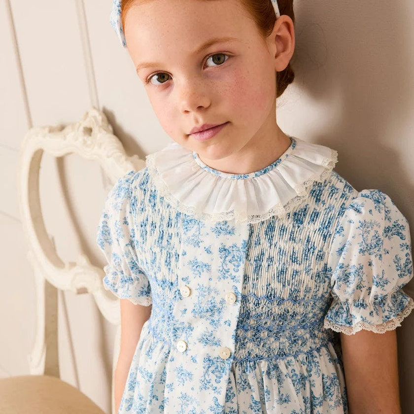 Audrey Toile Hand Smocked Ruffle Collar Short Sleeve Dress in Blue (12mths- 10yrs)