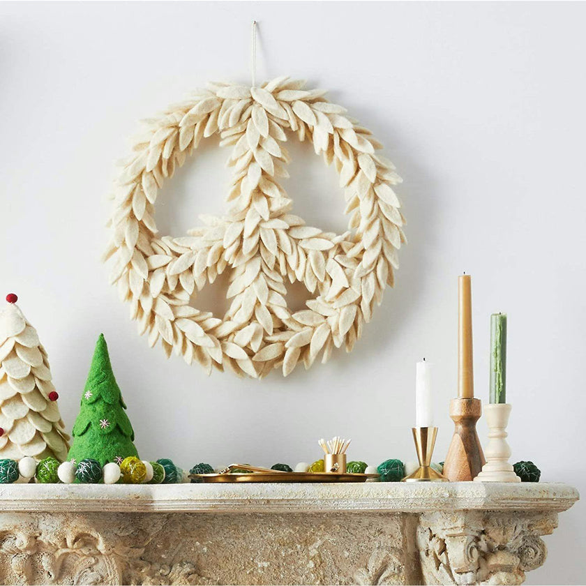 Handmade Hand Felted Wool Wreath - Peace Symbol Cream - 14"