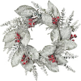 Snow Covered Magnolia Leaf & Eucalyptus with Iced Sugar Berry Seed Pods Holiday Winter Wreath