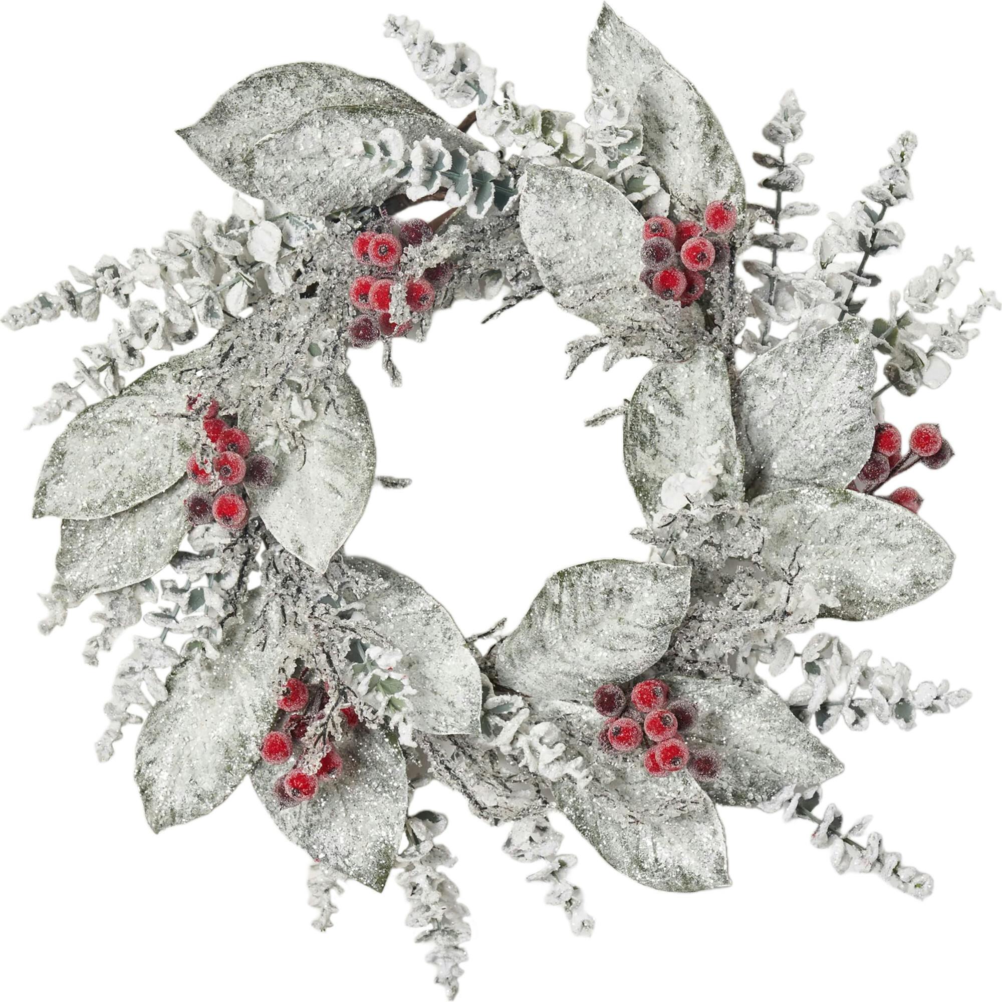 Snow Covered Magnolia Leaf & Eucalyptus with Iced Sugar Berry Seed Pods Holiday Winter Wreath