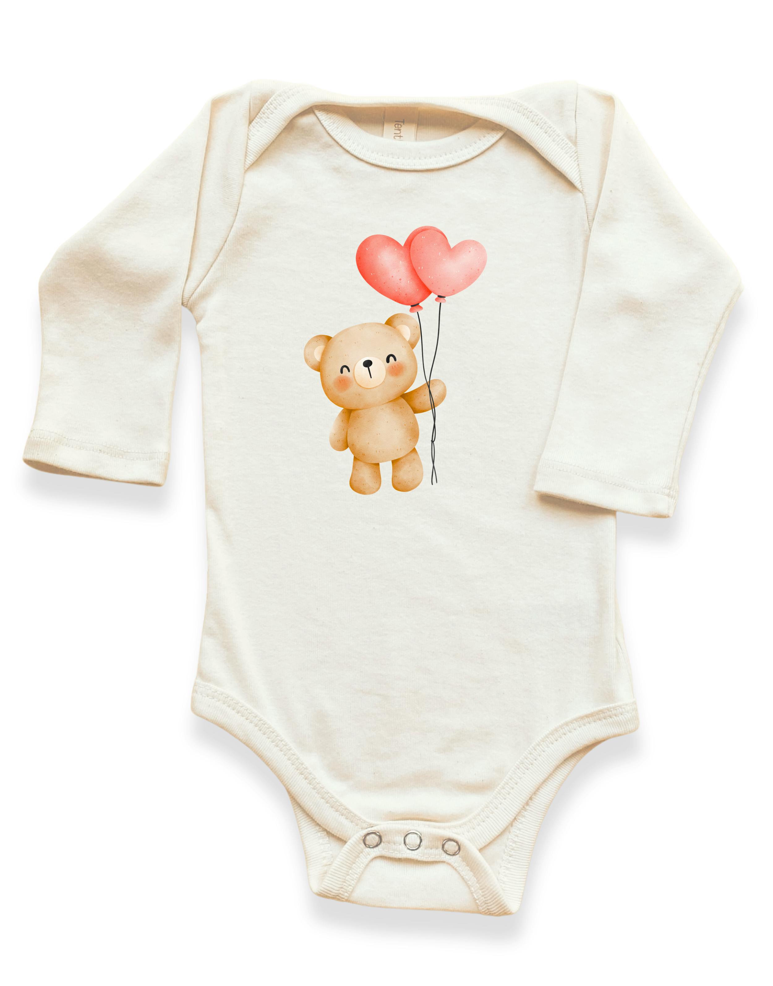 Heart Balloon Bear Organic Baby Bodysuit Long Sleeve
