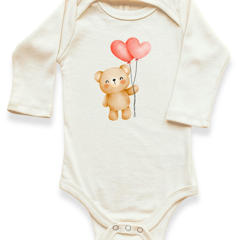 Heart Balloon Bear Organic Baby Bodysuit Long Sleeve