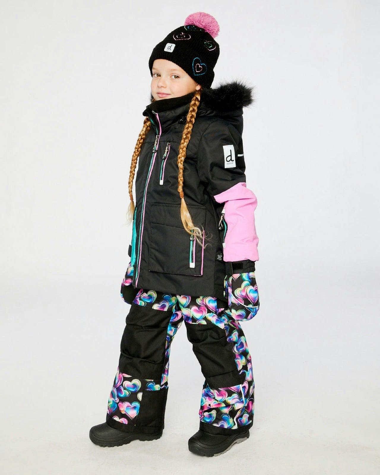 Two Piece Play Snowsuit Black, Blue And Pink Colorblock With Heart Print Pants