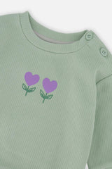 Organic Cotton Pants And Top Set Green And Beige Heart Print