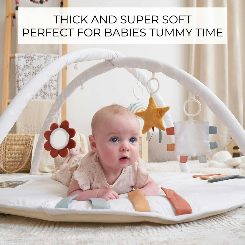 Beautiful Baby Play Gym & Tummy Time Mat - Soft Cotton Mat with 4 Cute Toys & Cards - Perfect Activity Area for Your Girl/Boy - Stylish Infant Floor Playmat