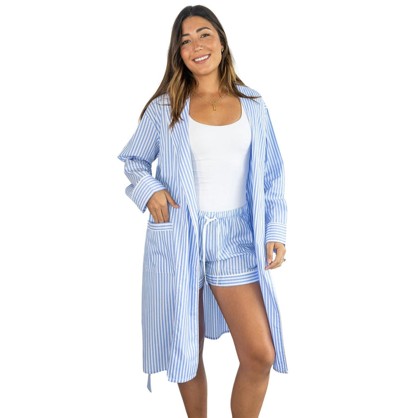 Women's Braddock Classic Robe - Blue Stripe Organic Cotton Poplin