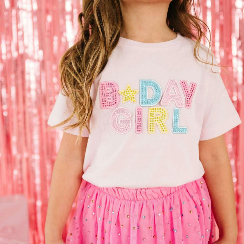 Birthday Girl Rhinestone Patch Short Sleeve T-Shirt - Ballet