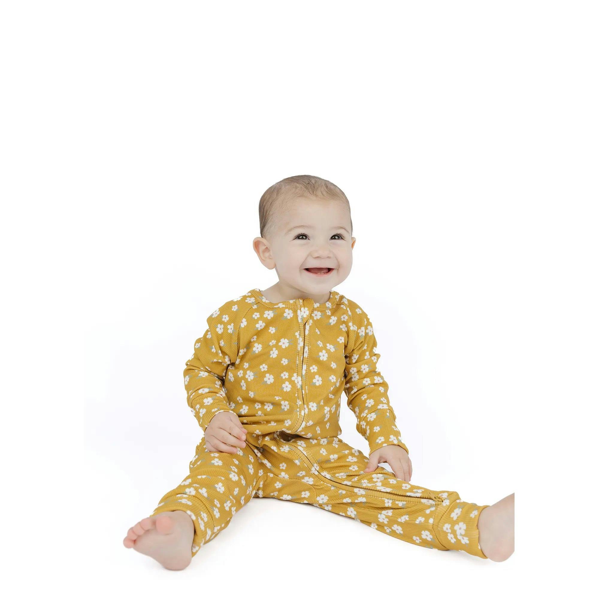 Golden Blooms Ribbed Bamboo Convertible Footie Romper