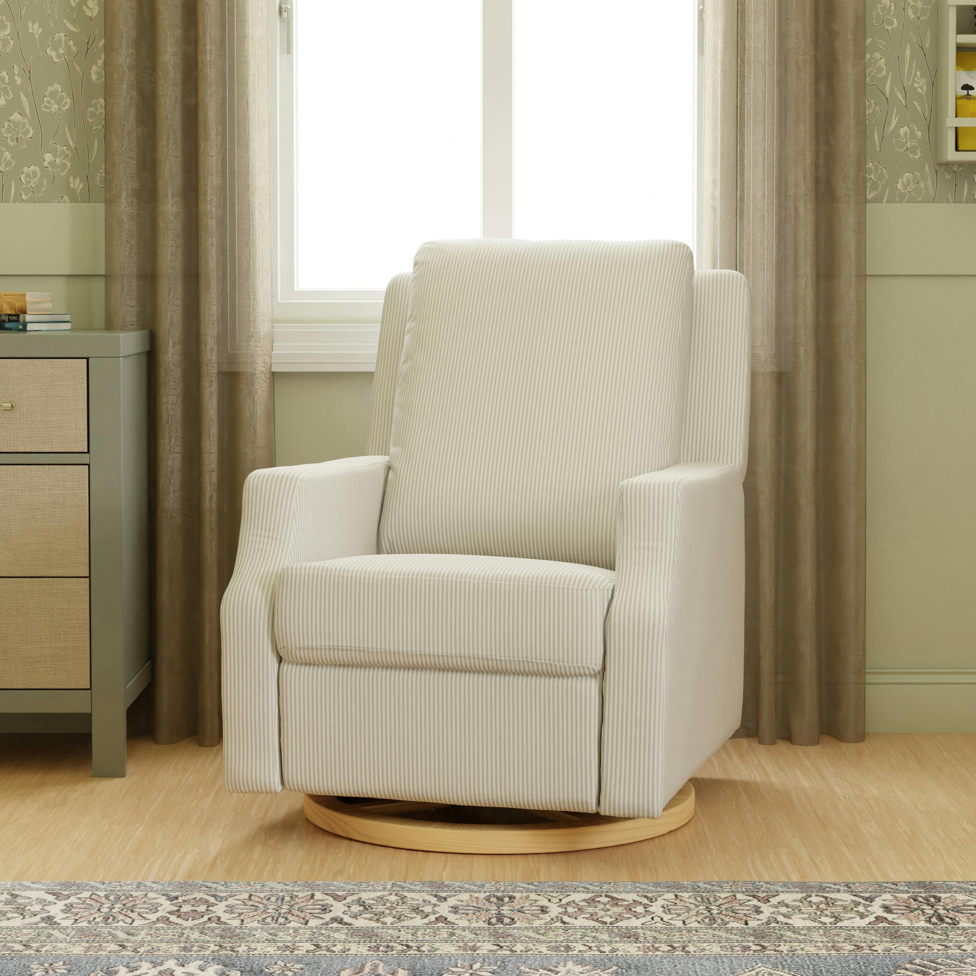 Crewe Electronic Recliner and Swivel Glider in Fog Chatham Stripe Light Wood Base