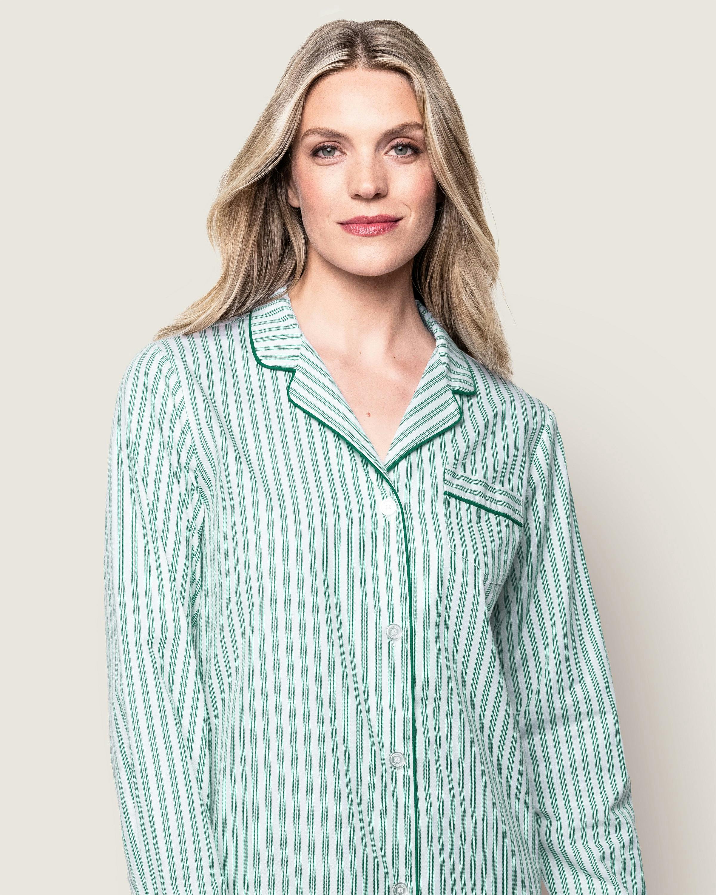 Women's Twill Pajama Set in Emerald Ticking
