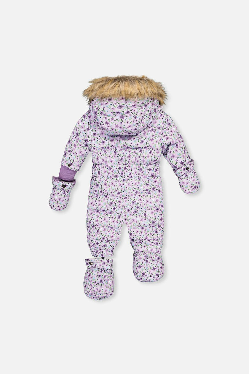 Baby Original One Piece Puffy Snowsuit With Removable Mittens And Boots Purple Printed Mini Flowers